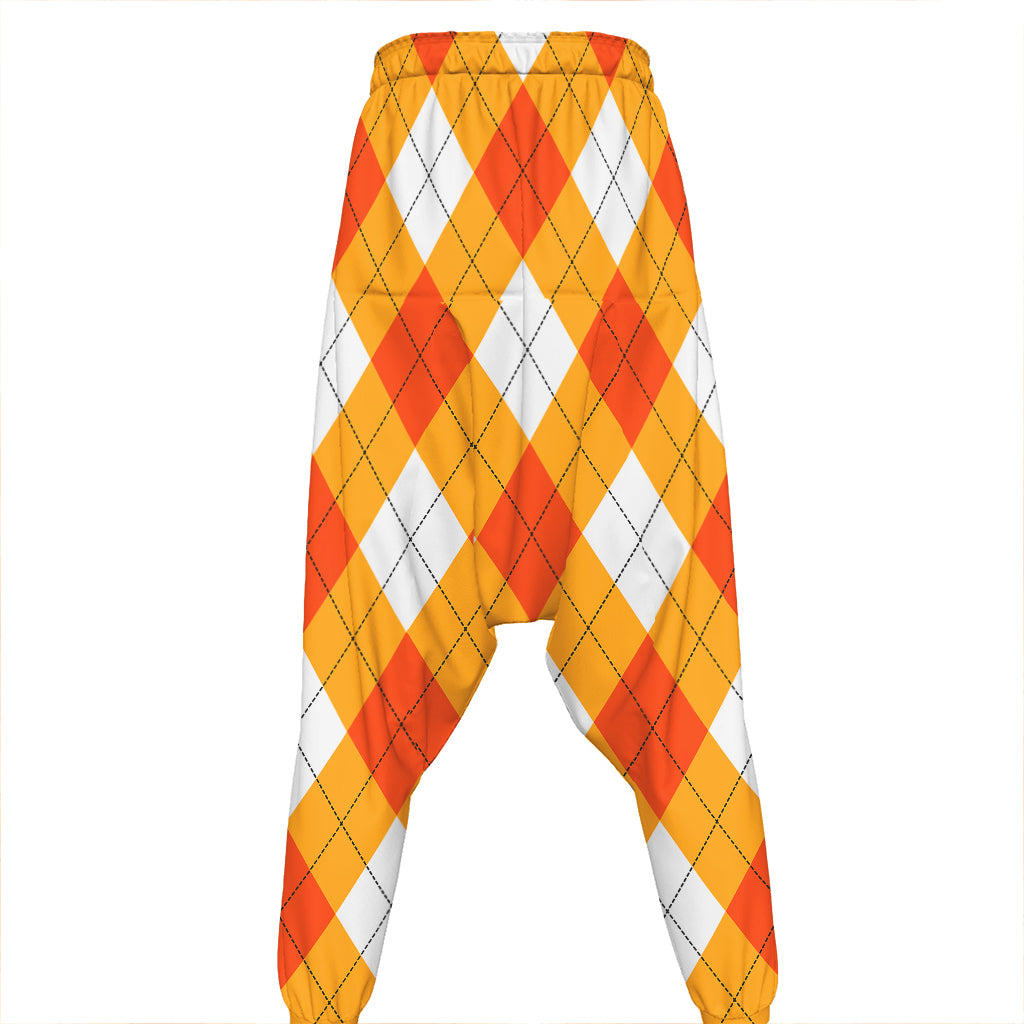 White And Orange Argyle Pattern Print Hammer Pants