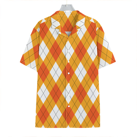 White And Orange Argyle Pattern Print Hawaiian Shirt