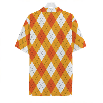 White And Orange Argyle Pattern Print Hawaiian Shirt