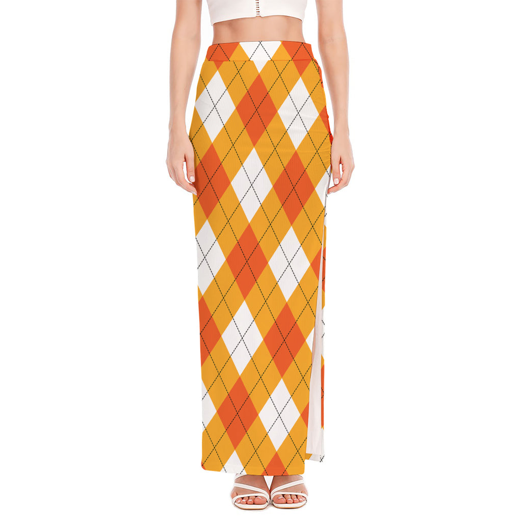 White And Orange Argyle Pattern Print High Slit Maxi Skirt