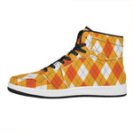 White And Orange Argyle Pattern Print High Top Leather Sneakers