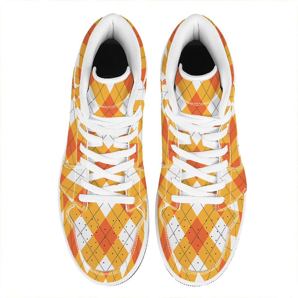 White And Orange Argyle Pattern Print High Top Leather Sneakers