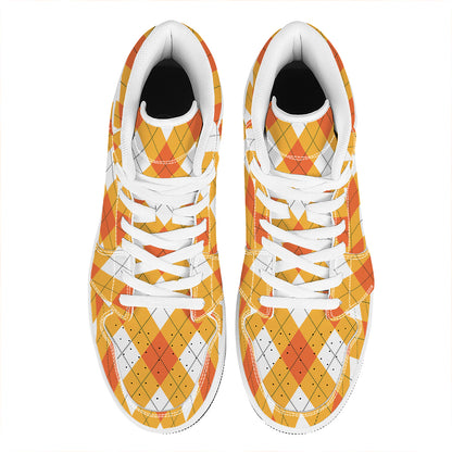 White And Orange Argyle Pattern Print High Top Leather Sneakers