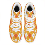 White And Orange Argyle Pattern Print High Top Leather Sneakers