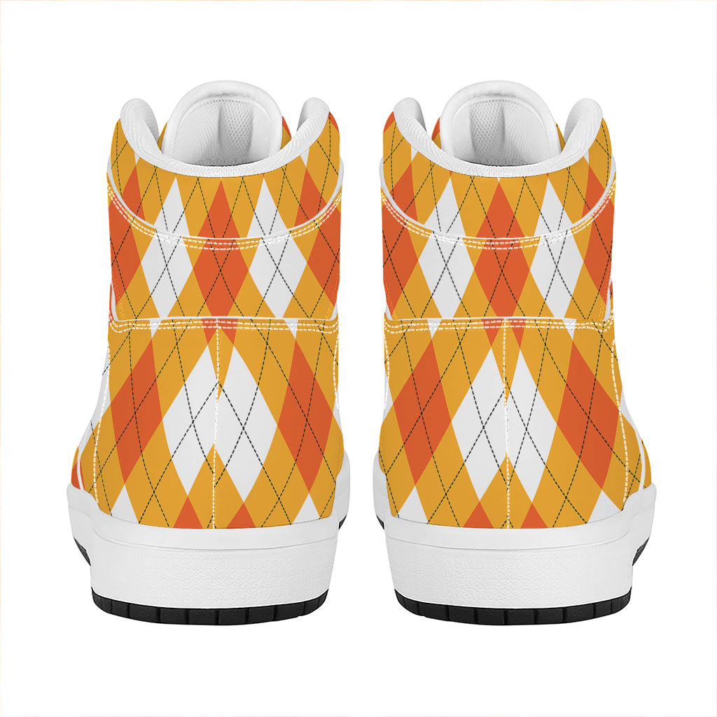 White And Orange Argyle Pattern Print High Top Leather Sneakers