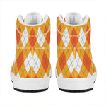 White And Orange Argyle Pattern Print High Top Leather Sneakers