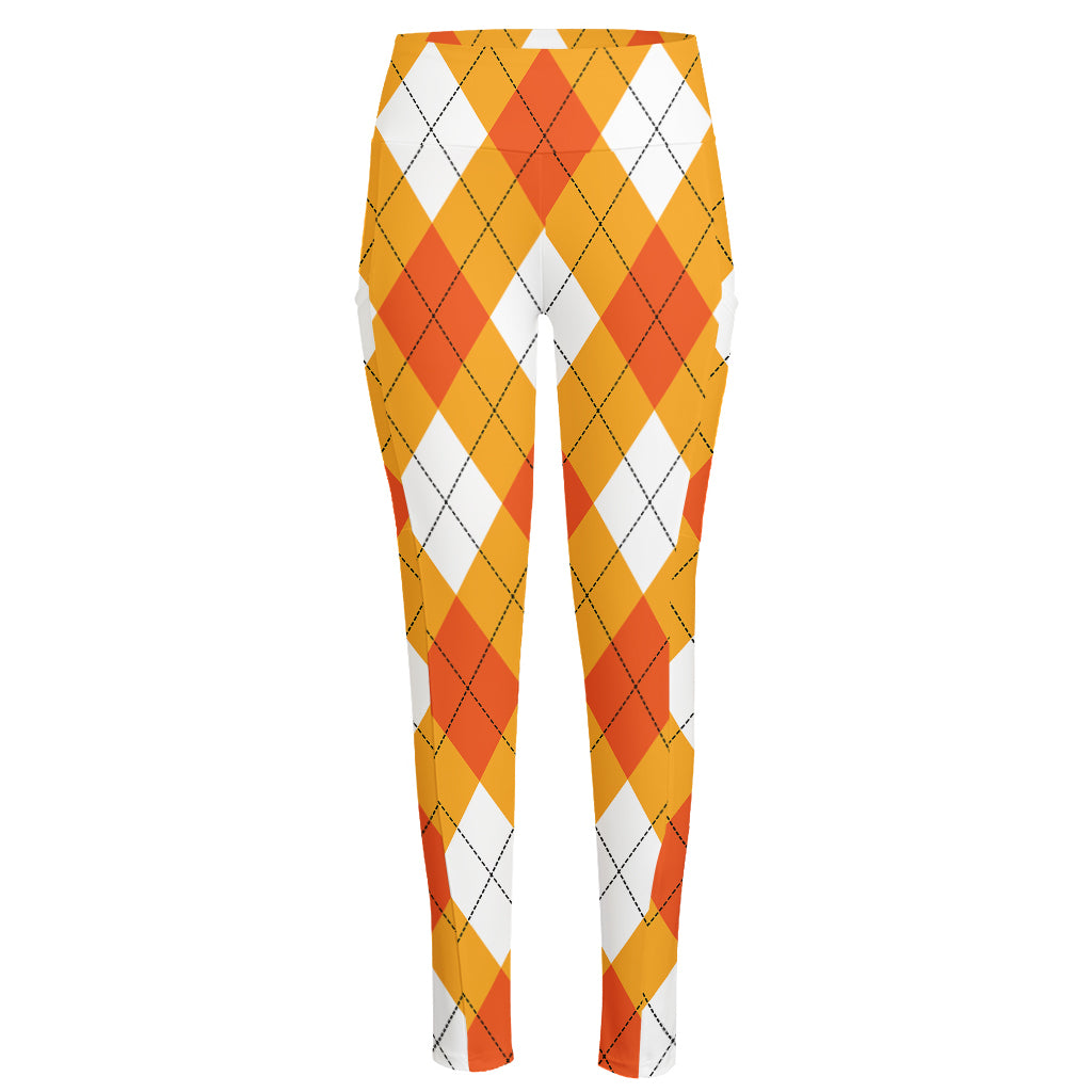 White And Orange Argyle Pattern Print High-Waisted Pocket Leggings