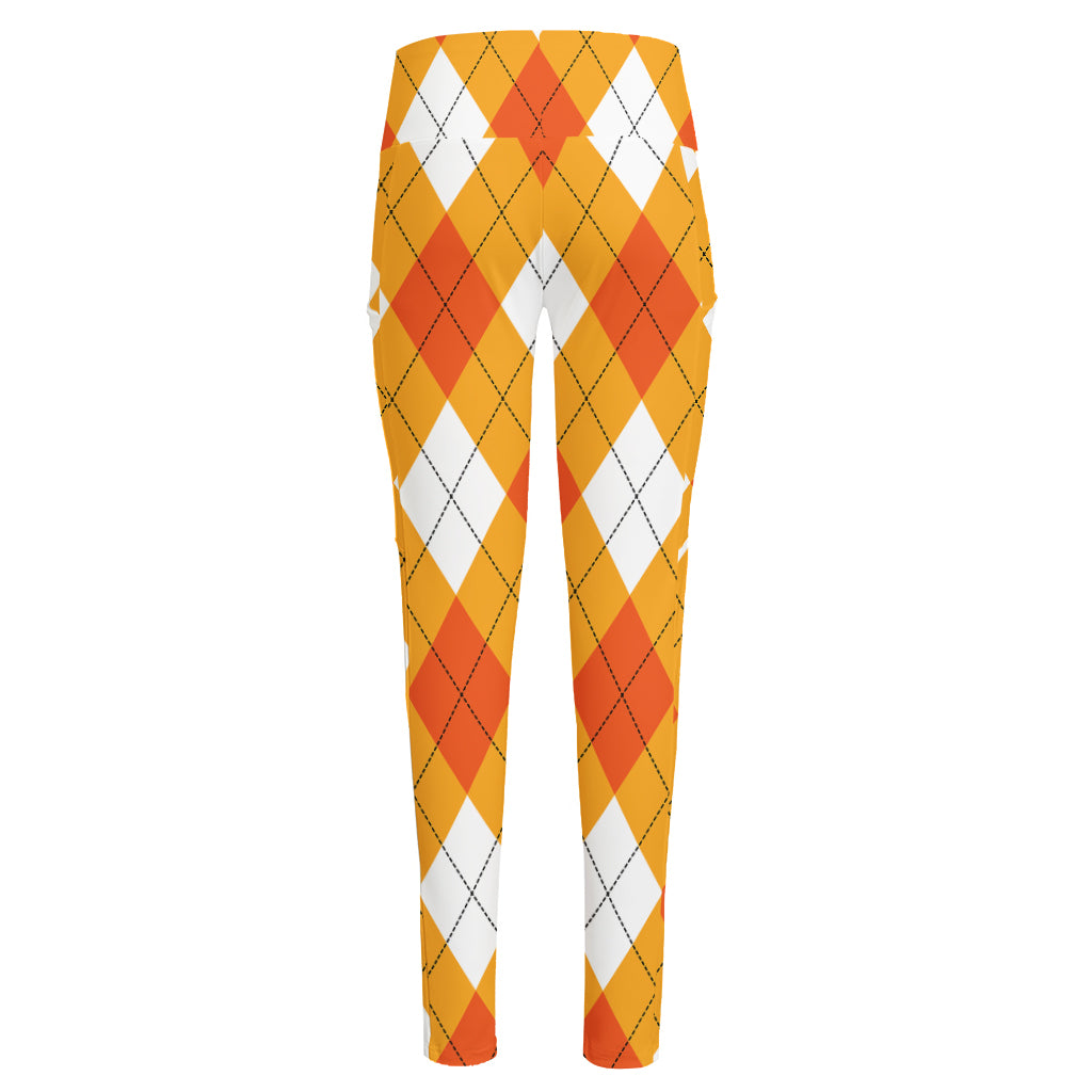 White And Orange Argyle Pattern Print High-Waisted Pocket Leggings