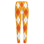 White And Orange Argyle Pattern Print High-Waisted Pocket Leggings