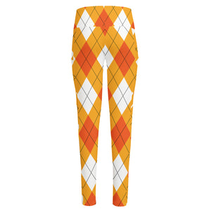 White And Orange Argyle Pattern Print High-Waisted Pocket Leggings