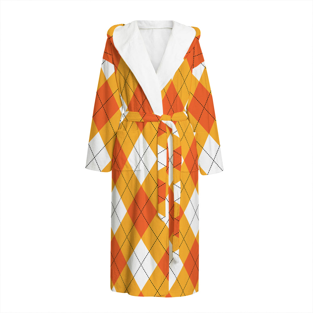 White And Orange Argyle Pattern Print Hooded Bathrobe