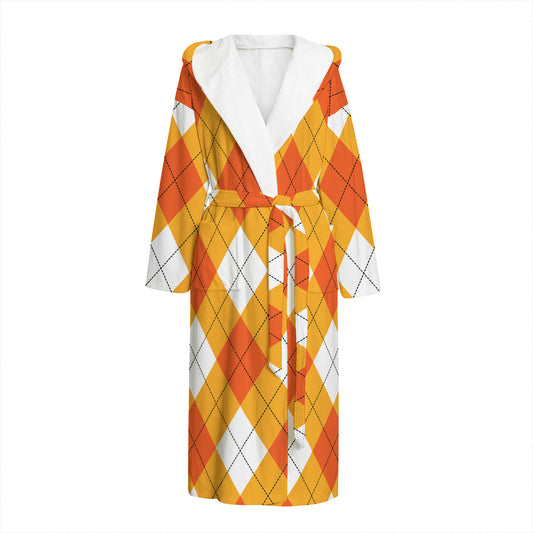 White And Orange Argyle Pattern Print Hooded Bathrobe