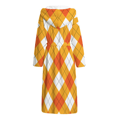 White And Orange Argyle Pattern Print Hooded Bathrobe