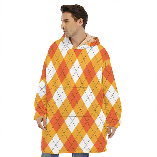 White And Orange Argyle Pattern Print Hoodie Blanket