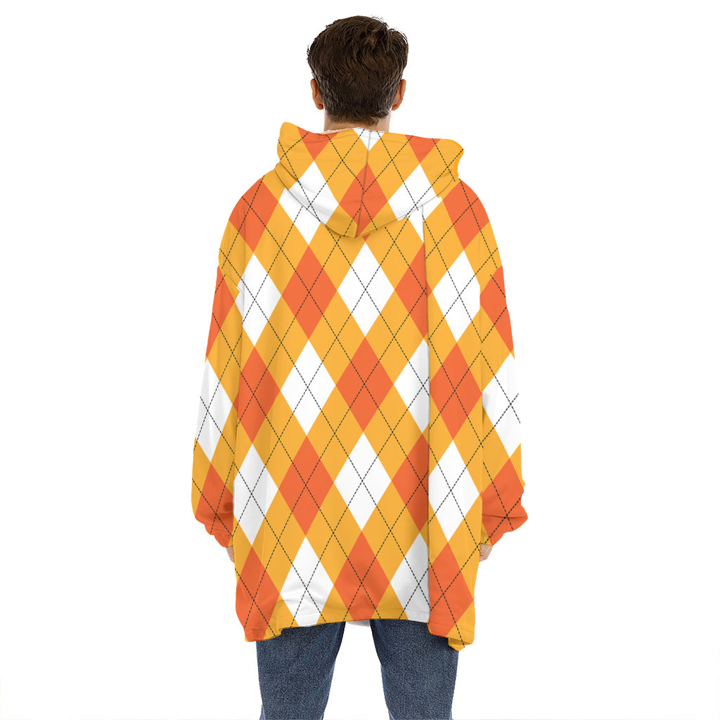 White And Orange Argyle Pattern Print Hoodie Blanket