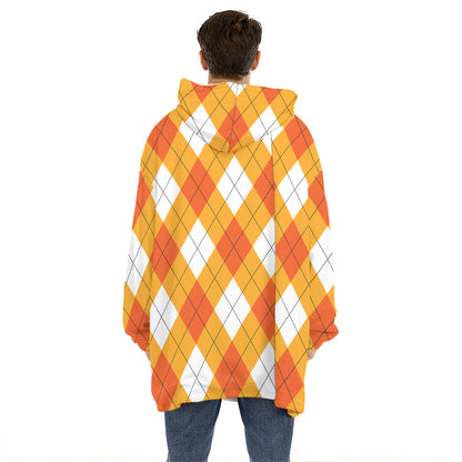 White And Orange Argyle Pattern Print Hoodie Blanket