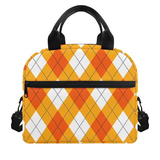 White And Orange Argyle Pattern Print Insulated Lunch Bag