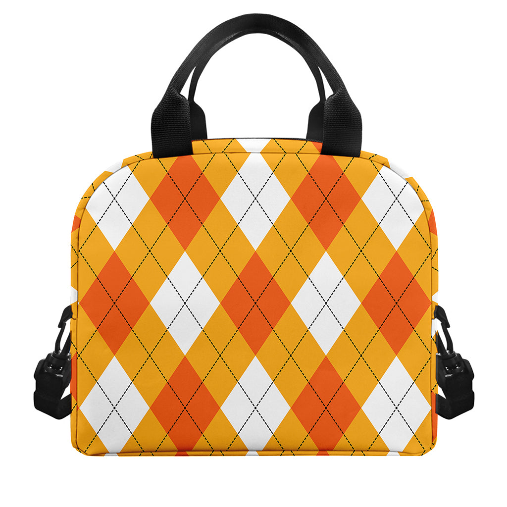 White And Orange Argyle Pattern Print Insulated Lunch Bag