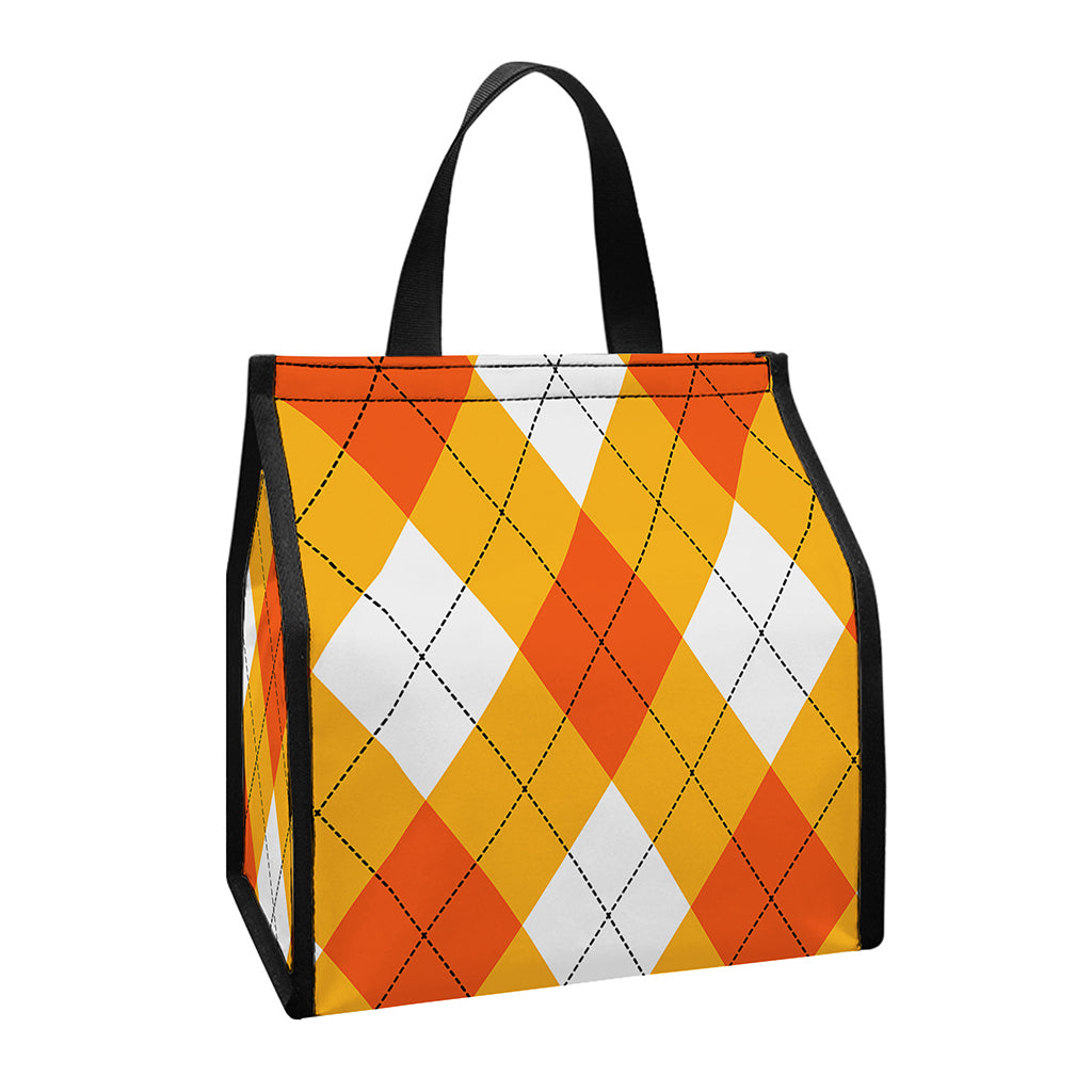 White And Orange Argyle Pattern Print Insulated Lunch Tote