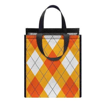 White And Orange Argyle Pattern Print Insulated Lunch Tote