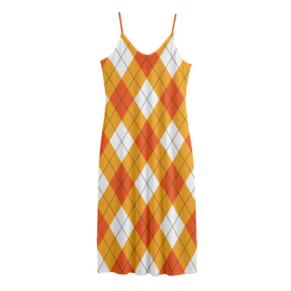 White And Orange Argyle Pattern Print Jersey Midi Cami Dress