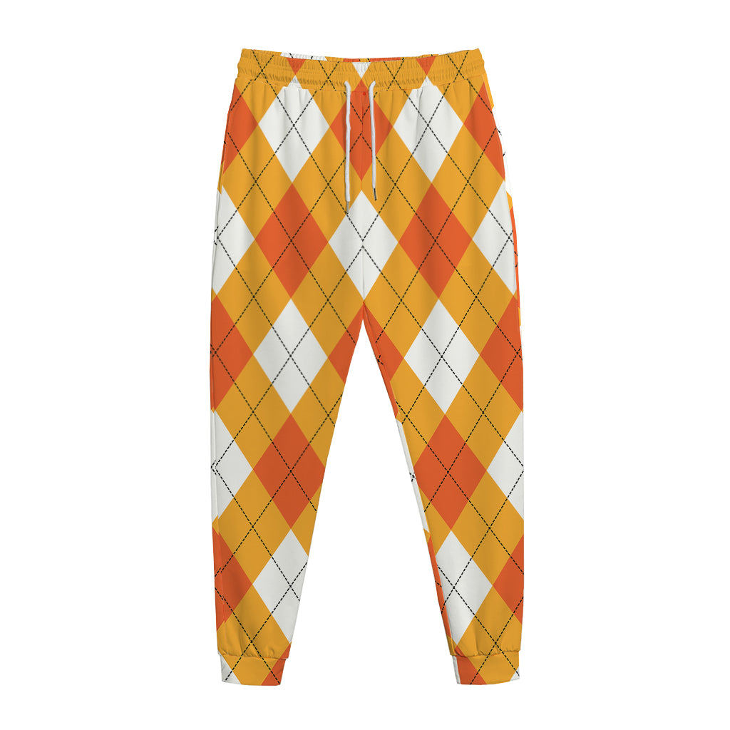White And Orange Argyle Pattern Print Jogger Pants