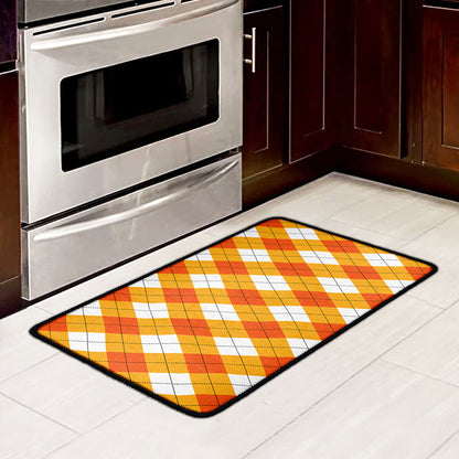 White And Orange Argyle Pattern Print Kitchen Mat