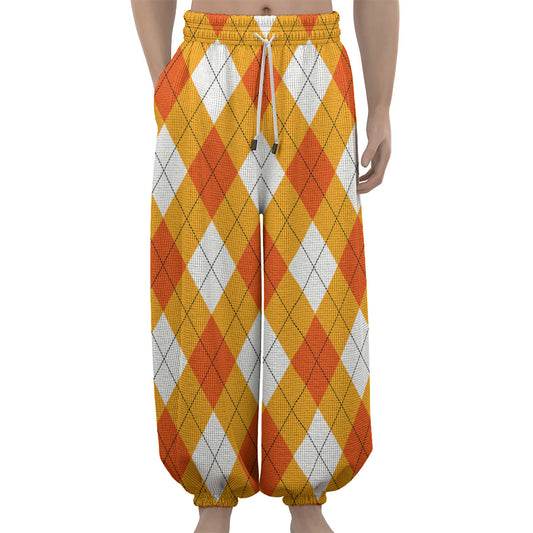 White And Orange Argyle Pattern Print Lantern Pants