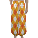 White And Orange Argyle Pattern Print Lantern Pants