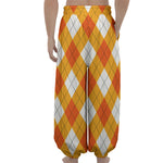 White And Orange Argyle Pattern Print Lantern Pants