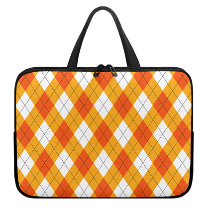 White And Orange Argyle Pattern Print Laptop Sleeve With Handle