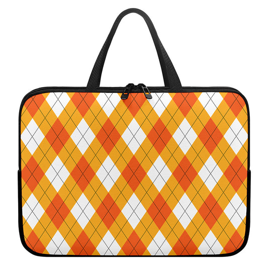 White And Orange Argyle Pattern Print Laptop Sleeve With Handle
