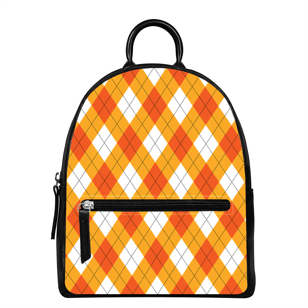 White And Orange Argyle Pattern Print Leather Backpack