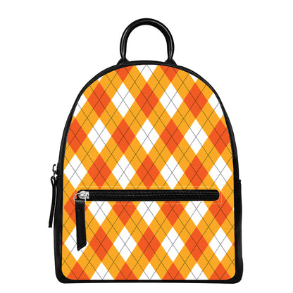 White And Orange Argyle Pattern Print Leather Backpack