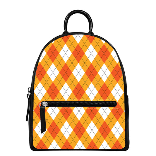 White And Orange Argyle Pattern Print Leather Backpack
