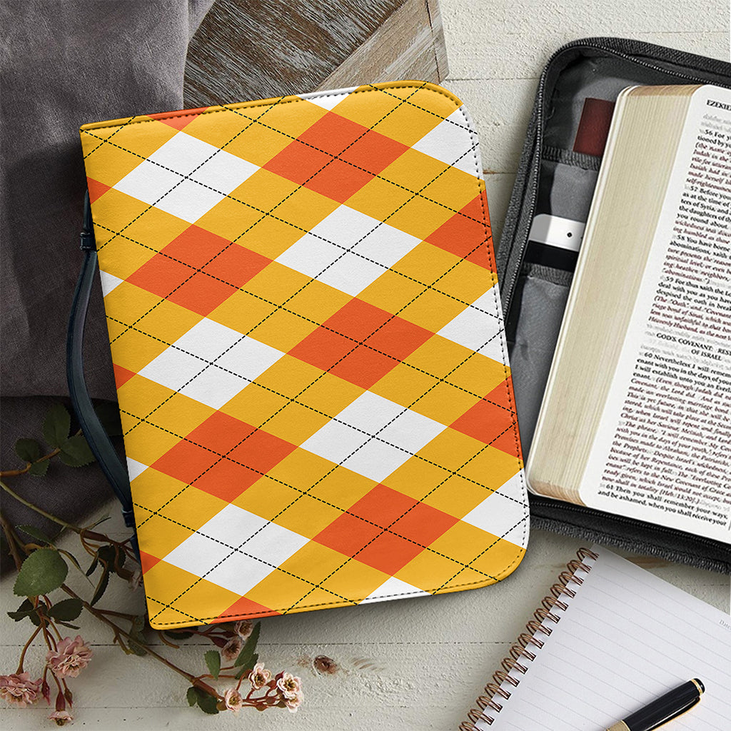 White And Orange Argyle Pattern Print Leather Bible Cover