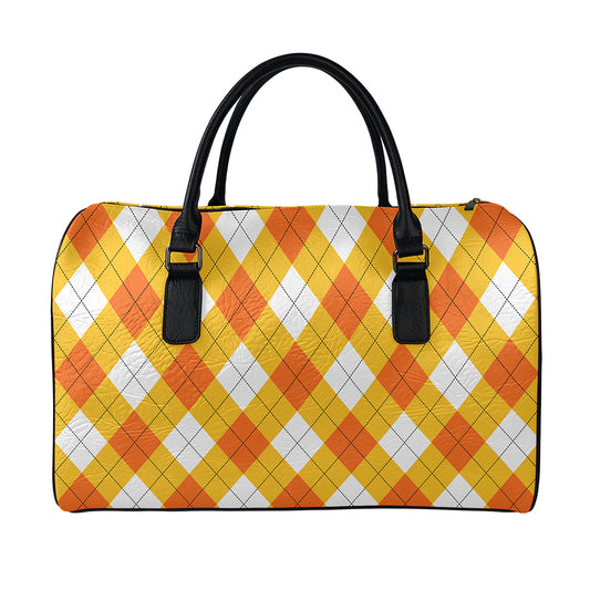White And Orange Argyle Pattern Print Leather Duffle Bag