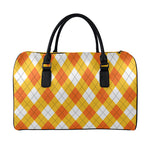 White And Orange Argyle Pattern Print Leather Duffle Bag