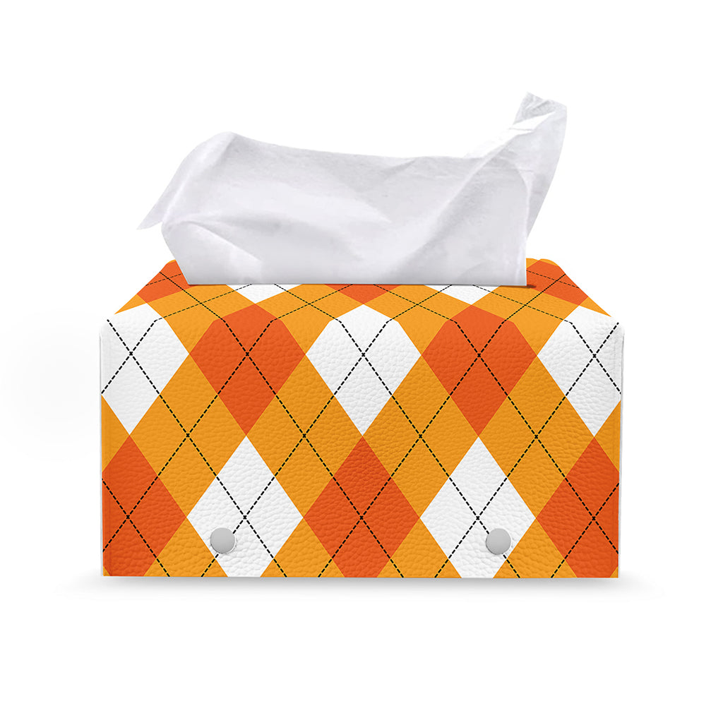 White And Orange Argyle Pattern Print Leather Tissue Box Cover