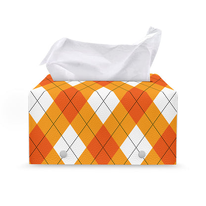 White And Orange Argyle Pattern Print Leather Tissue Box Cover