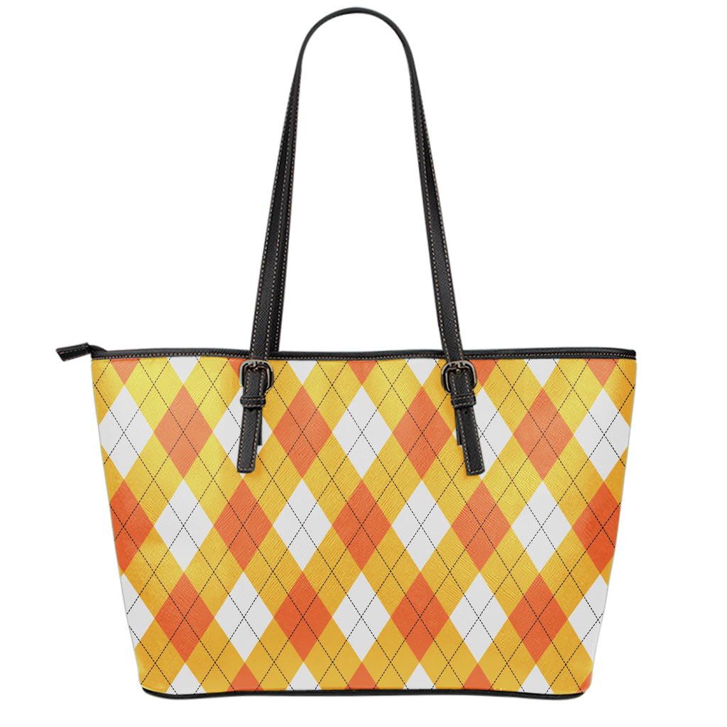 White And Orange Argyle Pattern Print Leather Tote Bag