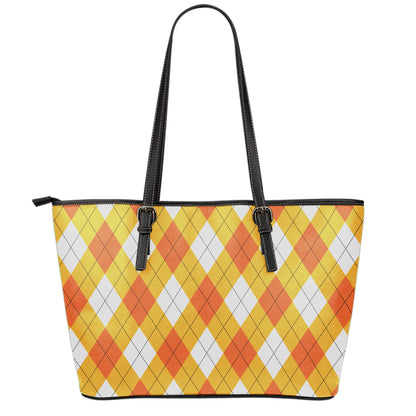 White And Orange Argyle Pattern Print Leather Tote Bag