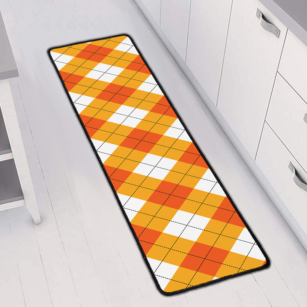 White And Orange Argyle Pattern Print Long Kitchen Mat