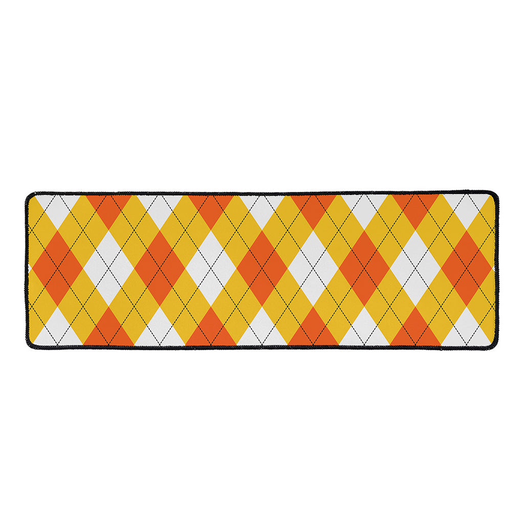 White And Orange Argyle Pattern Print Long Kitchen Mat