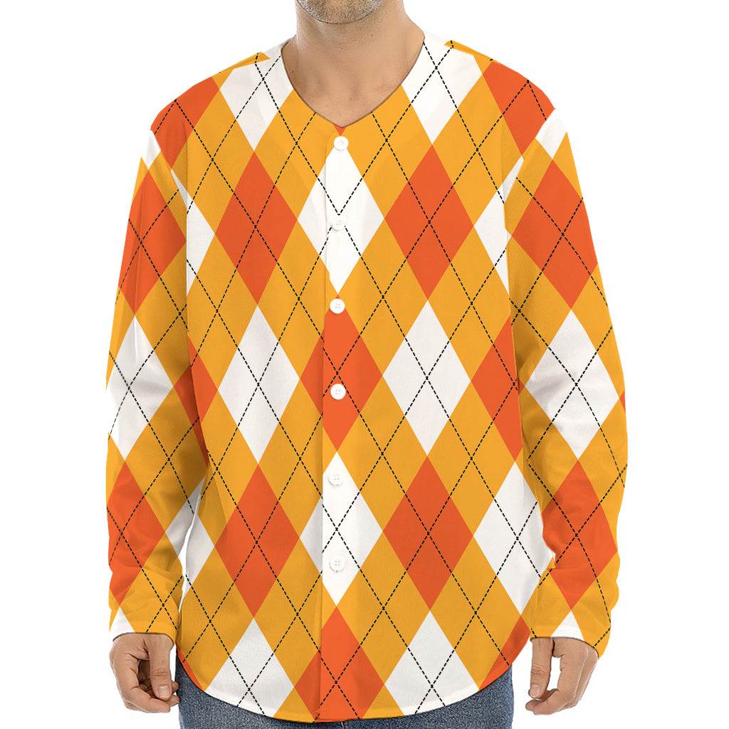 White And Orange Argyle Pattern Print Long Sleeve Baseball Jersey