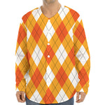 White And Orange Argyle Pattern Print Long Sleeve Baseball Jersey