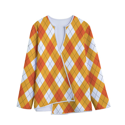 White And Orange Argyle Pattern Print Long Sleeve Short Coat