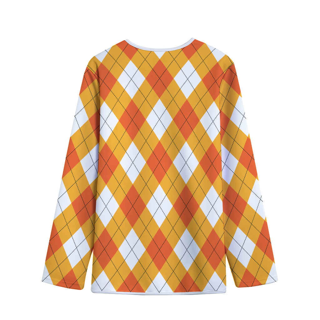White And Orange Argyle Pattern Print Long Sleeve Short Coat