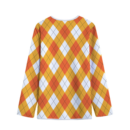 White And Orange Argyle Pattern Print Long Sleeve Short Coat