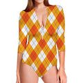 White And Orange Argyle Pattern Print Long Sleeve Swimsuit